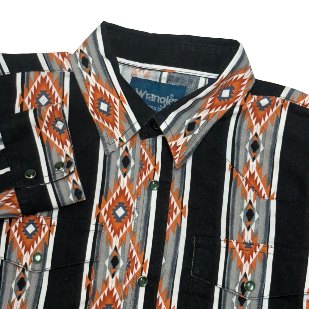 Wrangler Western Shirt Youth XL Black Orange Southwestern Pearl Snap Aztec Rodeo
